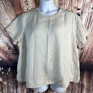 Lands End Women Size 1X 16W-18W Tan Linen Short Sleeve Shirt Button Shoulder Top